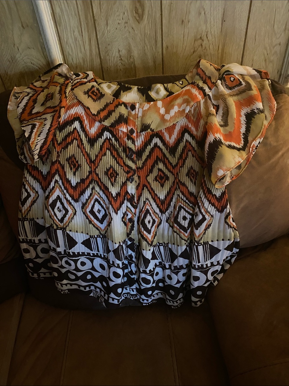 Ashley Stewart Orange, Cream and Black Geometric Flutter-Sleeve Blouse